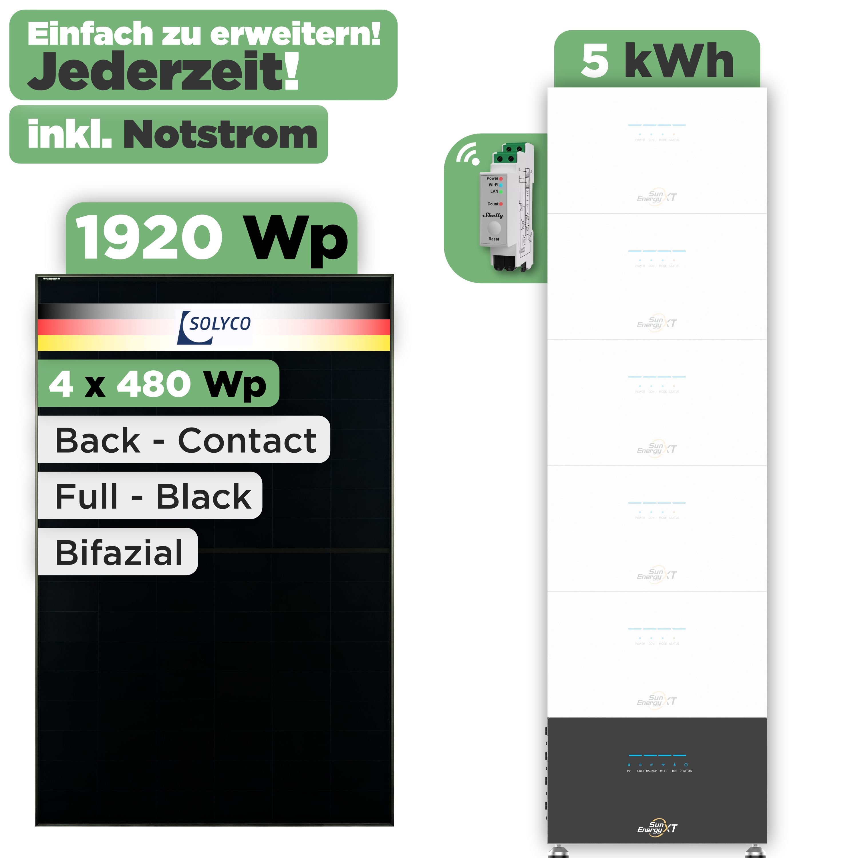 SunEnergyXT 500 Serie 1920 Wp — SunEnergyXT 500 Pro (2400 W) / 5 kWh / Shelly 3EM Pro / Solyco 480 Wp / 4 Module