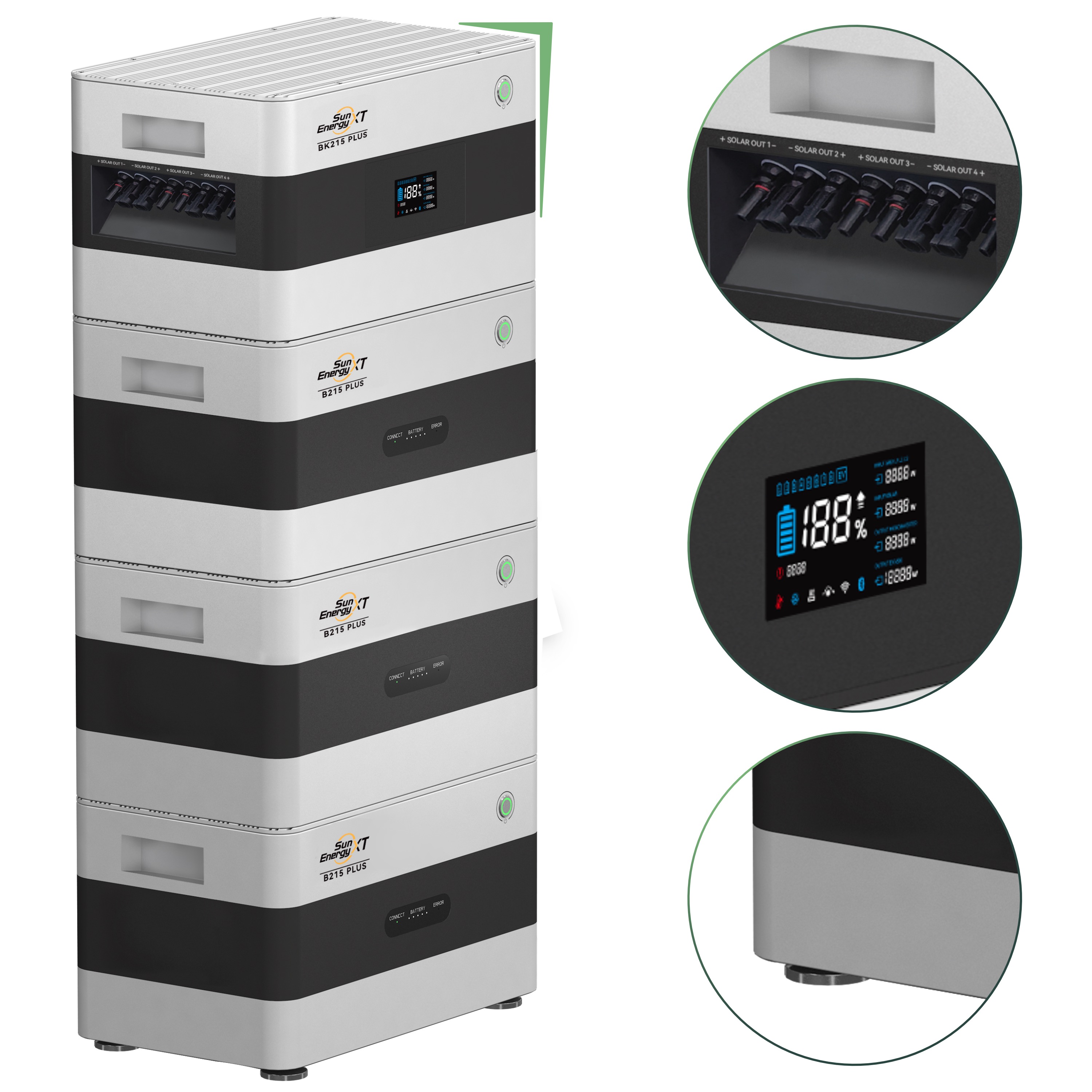 Balkonkraftwerk Set 2000 Wp — SunEnergyXT Plus / 8,6 kWh / Solyco 500 Wp Glas-Glas Fullblack-Modul Bifazial / 4 Module / Deye 2000 W / Wieland Stecker + Dose / 20 m