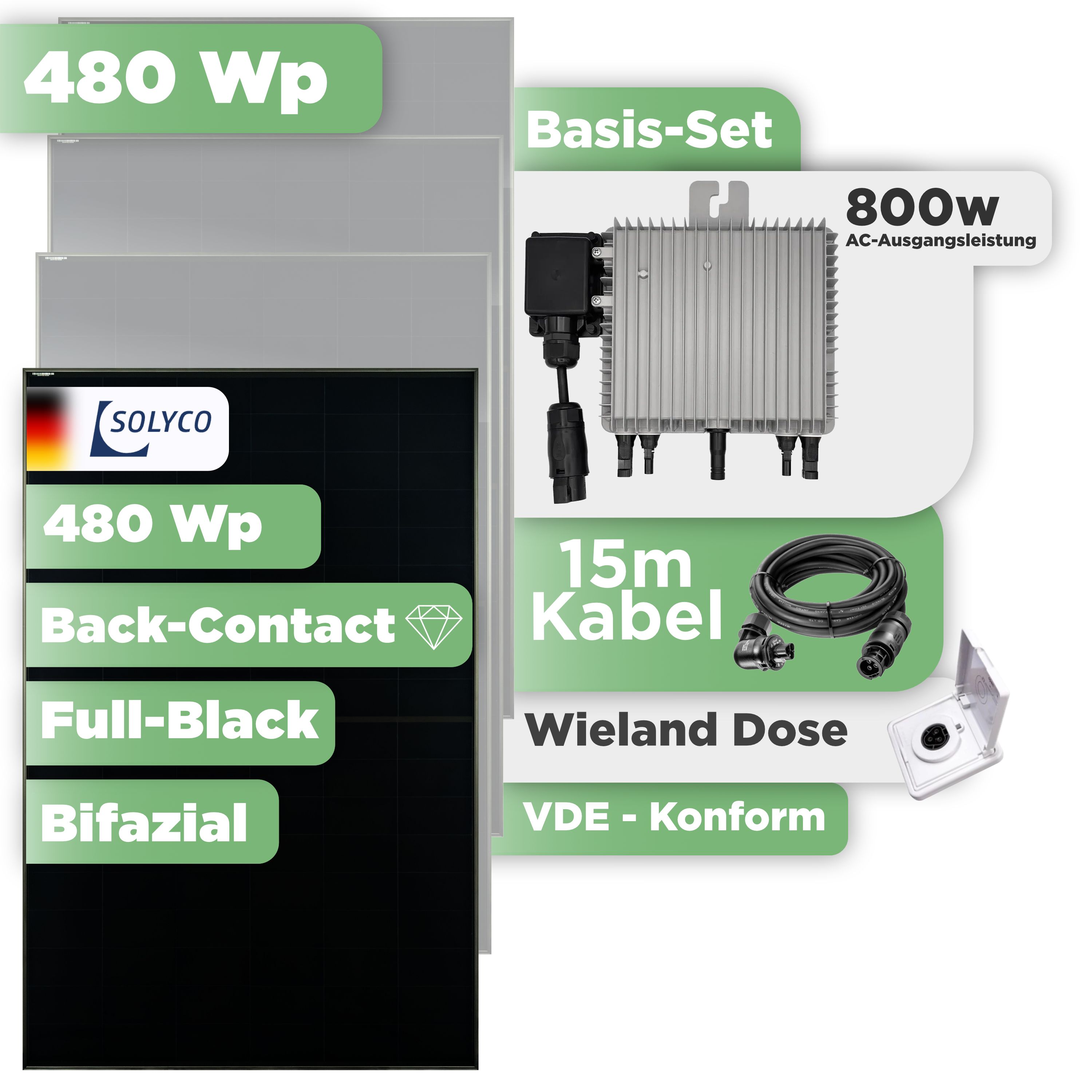 Balkonkraftwerk Basic Set 480 Wp — Solyco 480 Wp Glas-Glas Fullblack Back Contact Modul  / 1 Modul / Deye 800 W / Wieland Stecker + Dose / 15 m