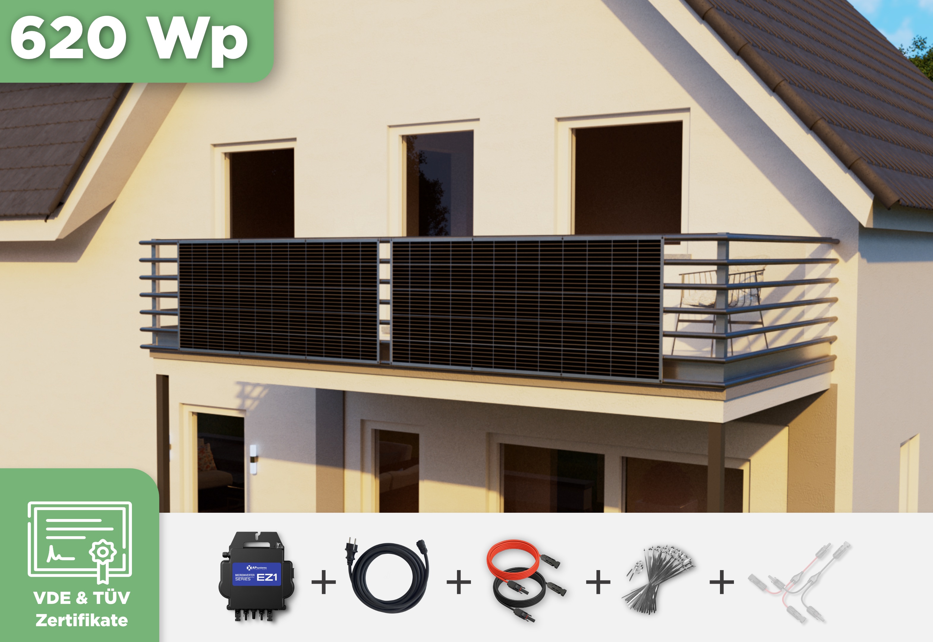 Balkonkraftwerk mit Ultraleicht-Modulen 620 Wp — APsystems EZ1-M 800 W / Sunman / 310 Wp (89 cm x 201 cm) / 2 Module / 15 m