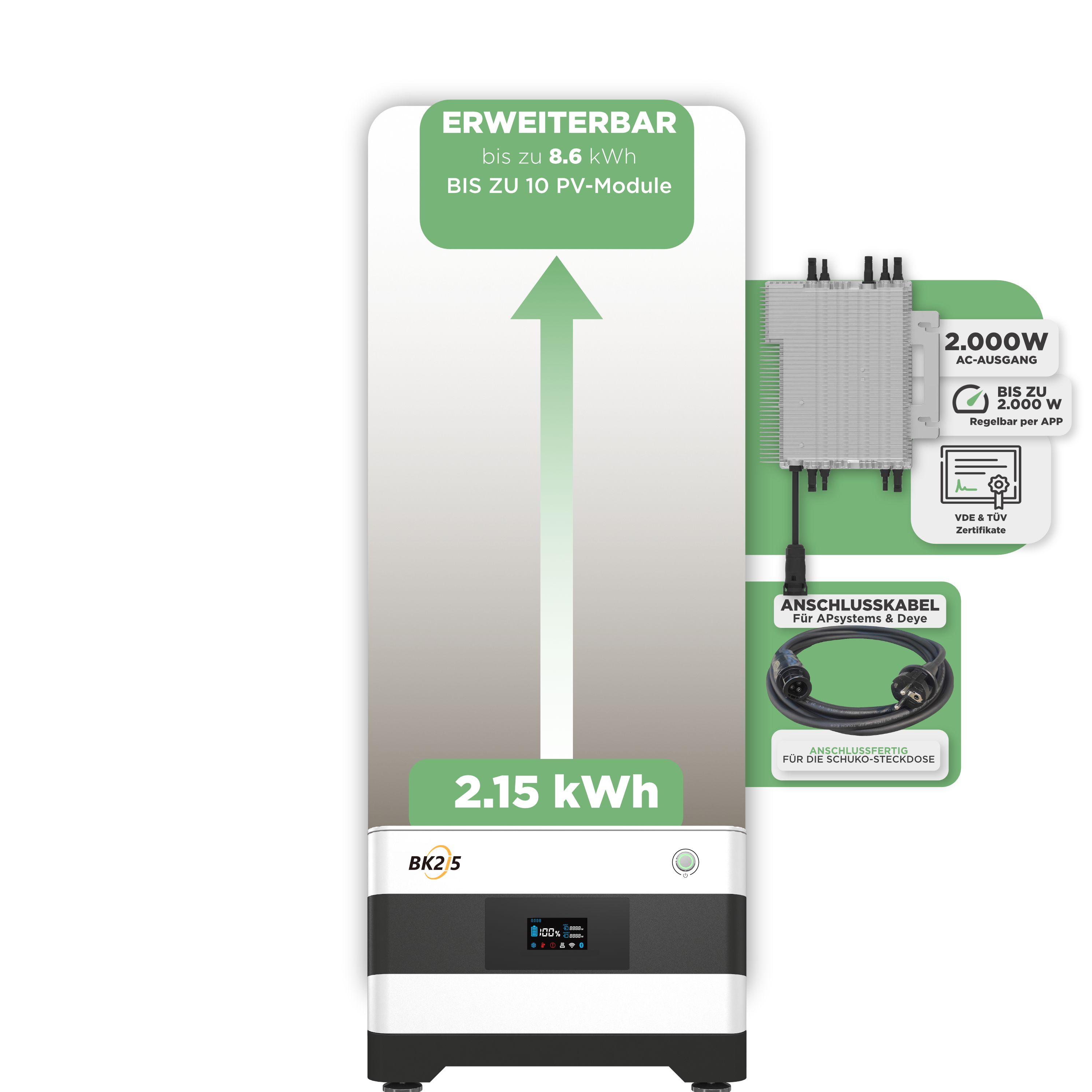 SunEnergyXT Balkonkraftwerkspeicher — 2.150 Wh / 2000 W (Deye-SUN-M) / 20 m Schuko Kabel