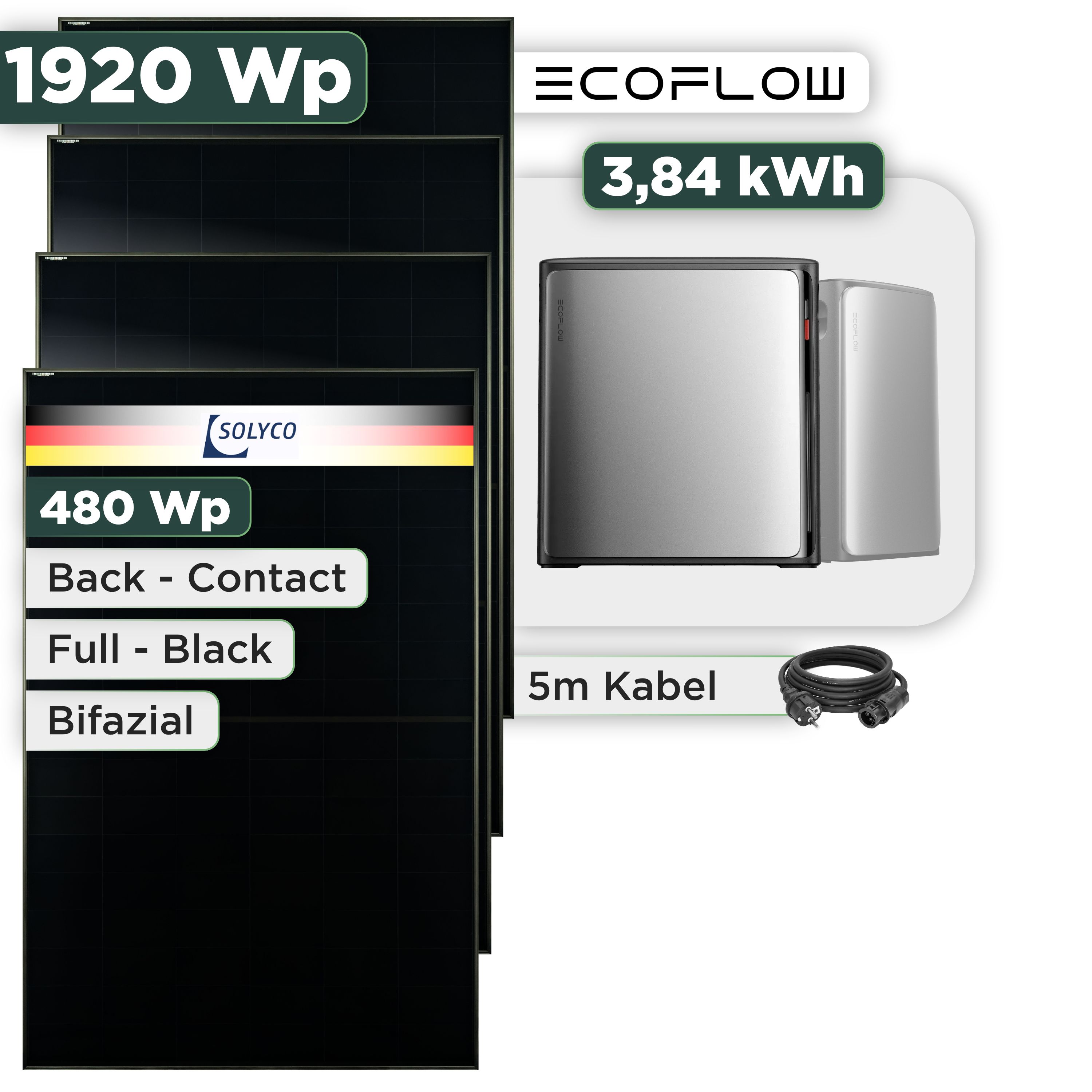 Balkonkraftwerk Set 1920 Wp — Ecoflow Stream Ultra X / 3,84 kWh / Solyco 480 Wp Glas-Glas Fullblack Back Contact Modul  / 4 Module / Schuko Stecker / 1,5 m