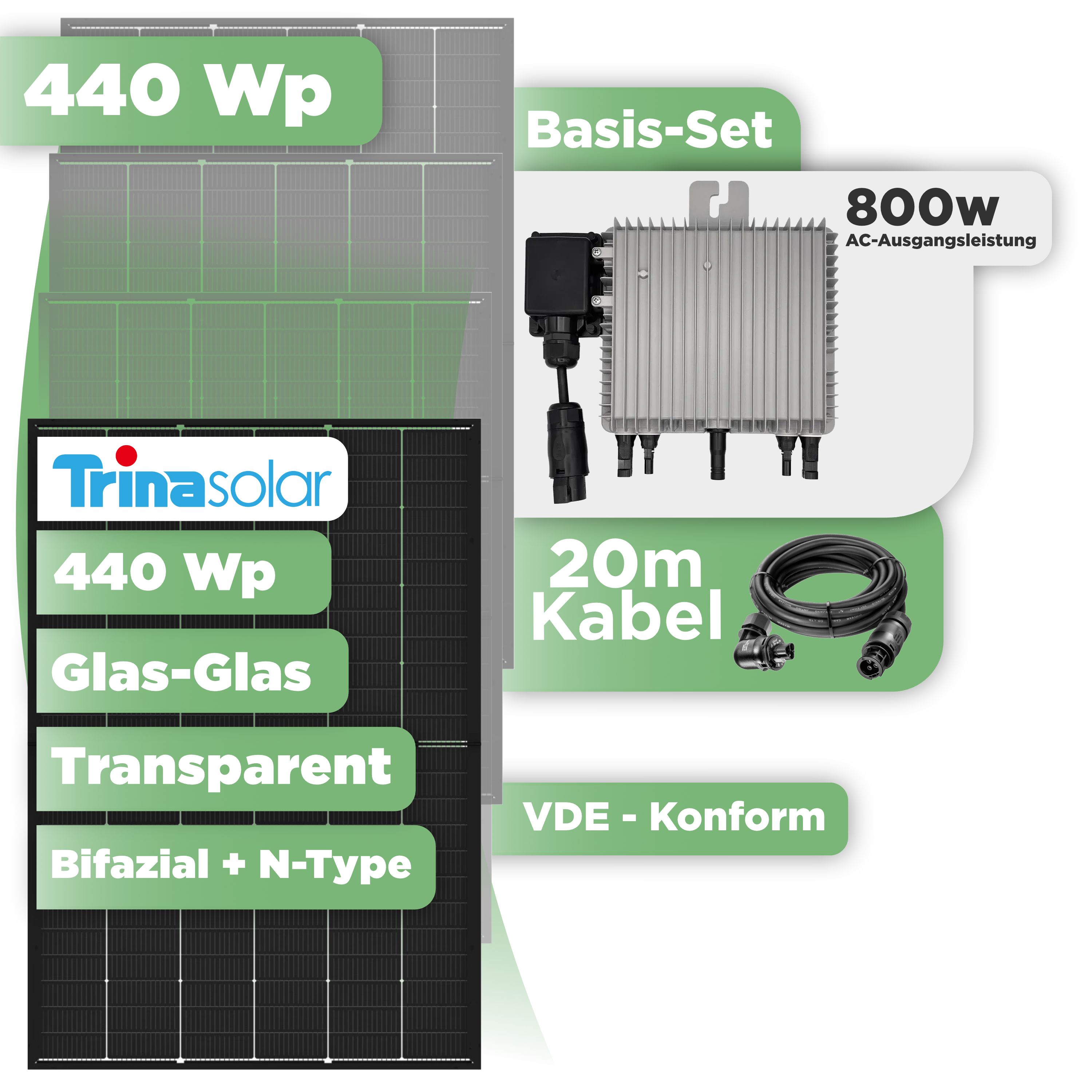 Balkonkraftwerk Basic Set 440 Wp — Trina 440 Wp Glas-Glas Bifazial Modul / 1 Modul / Deye 800 W / Wieland Stecker / 20 m