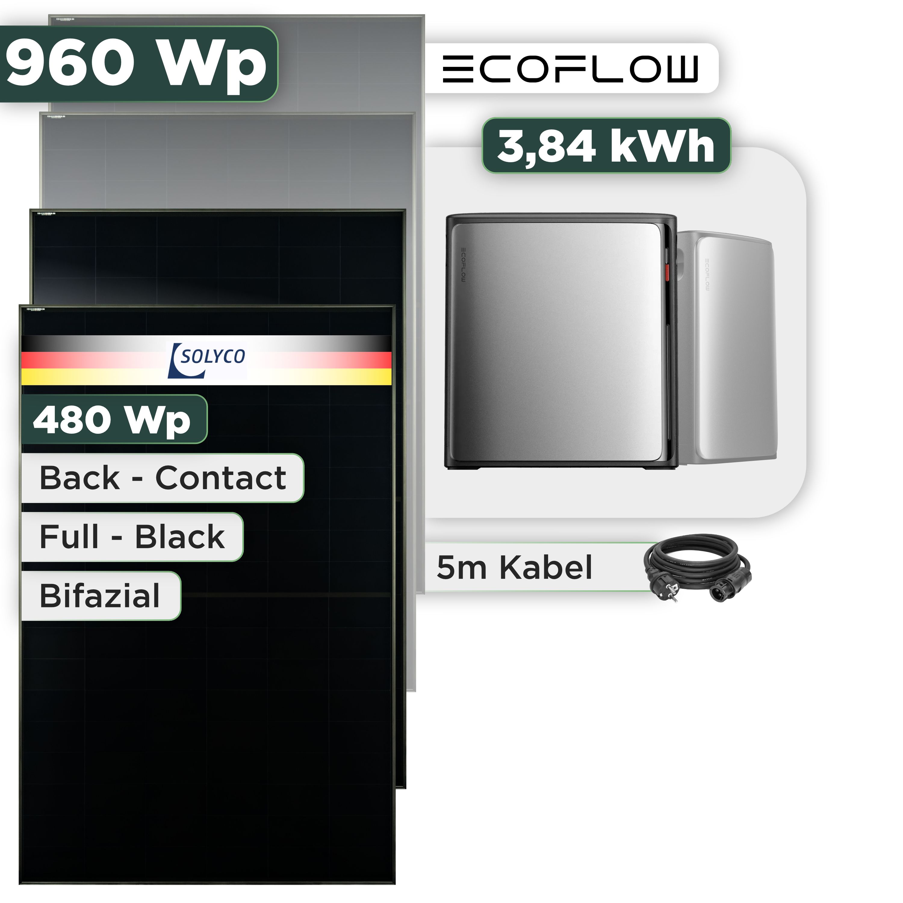 Balkonkraftwerk Set 960 Wp — Ecoflow Stream Ultra X / 3,84 kWh / Solyco 480 Wp Glas-Glas Fullblack Back Contact Modul  / 2 Module / Schuko Stecker / 1,5 m
