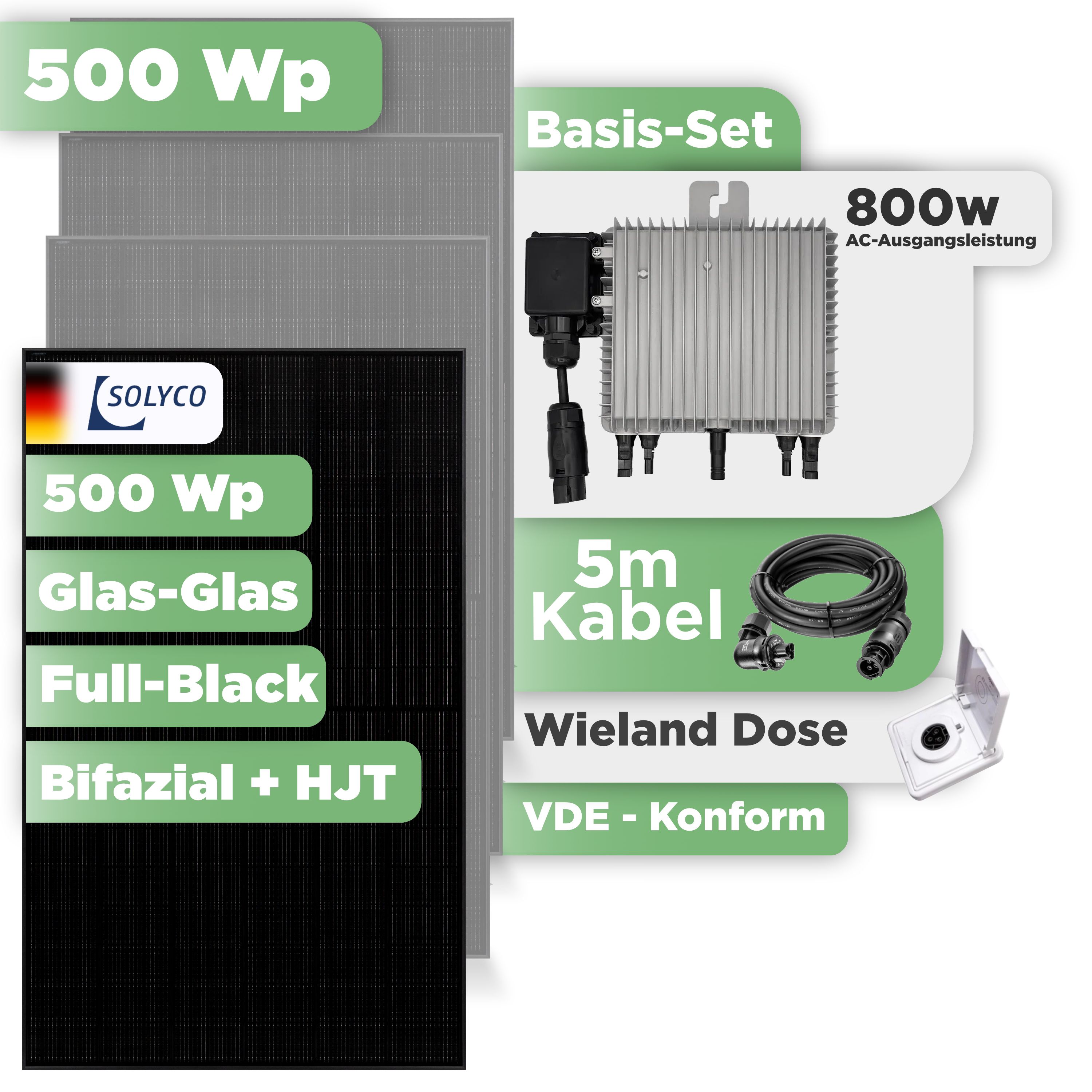 Balkonkraftwerk Basic Set 500 Wp — Solyco 500 Wp Glas-Glas Fullblack-Modul Bifazial / 1 Modul / Deye 800 W / Wieland Stecker + Dose / 5 m