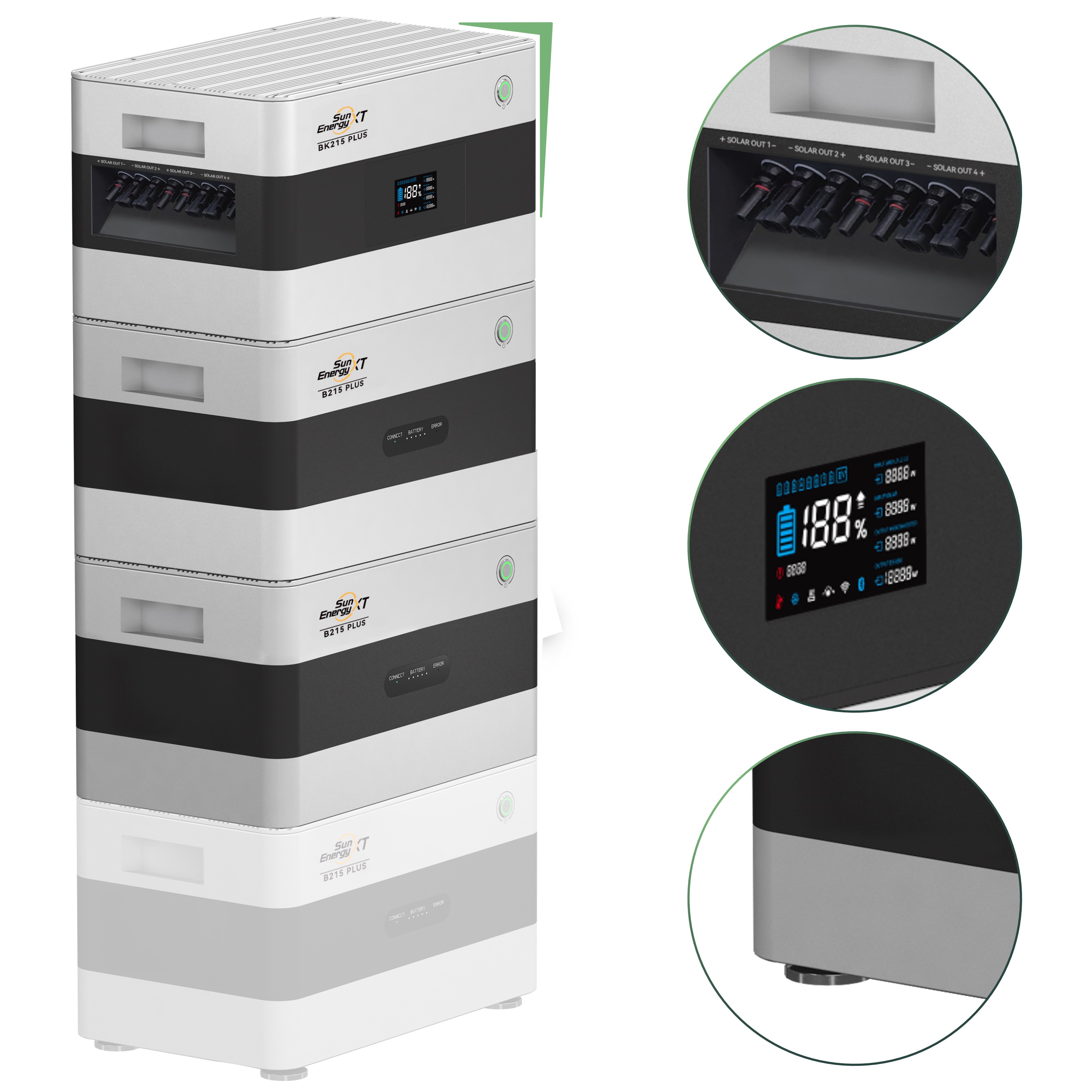 Balkonkraftwerk Set 2000 Wp — SunEnergyXT Plus / 6,45 kWh / Solyco 500 Wp Glas-Glas Fullblack-Modul Bifazial / 4 Module / Deye 2000 W / Wieland Stecker + Dose / 20 m