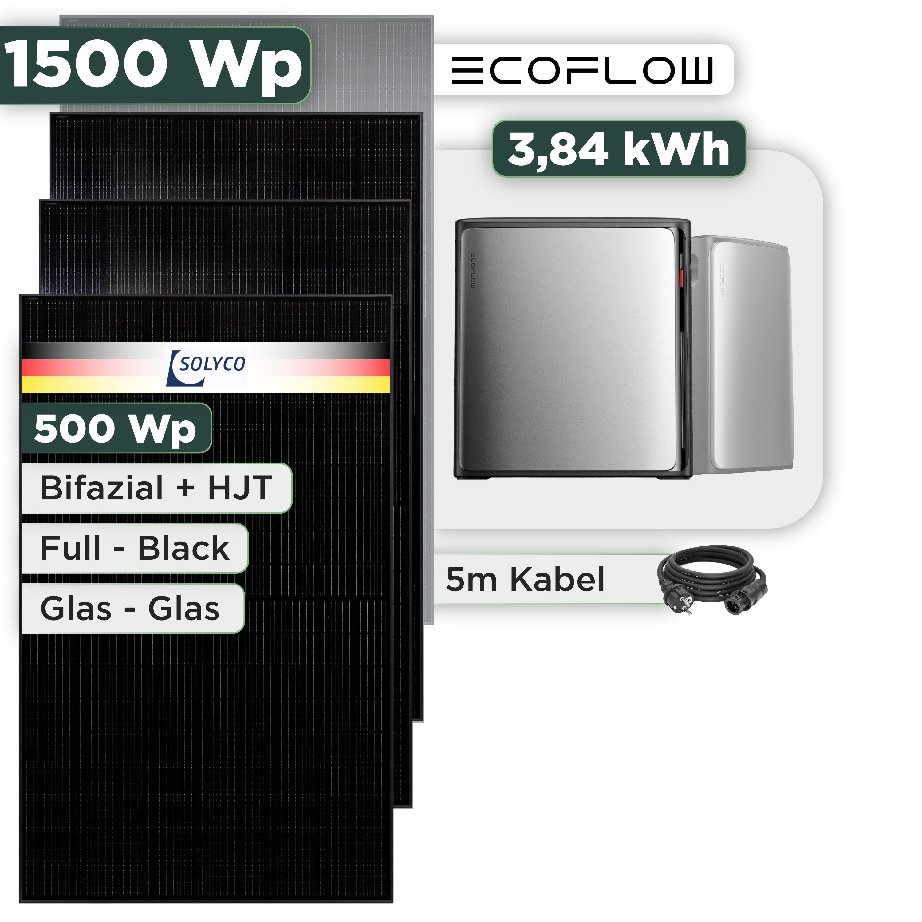 Balkonkraftwerk Set 1500 Wp — Ecoflow Stream Ultra X / 3,84 kWh / Solyco 500 Wp Glas-Glas Fullblack-Modul Bifazial / 3 Module / Schuko Stecker / 1,5 m
