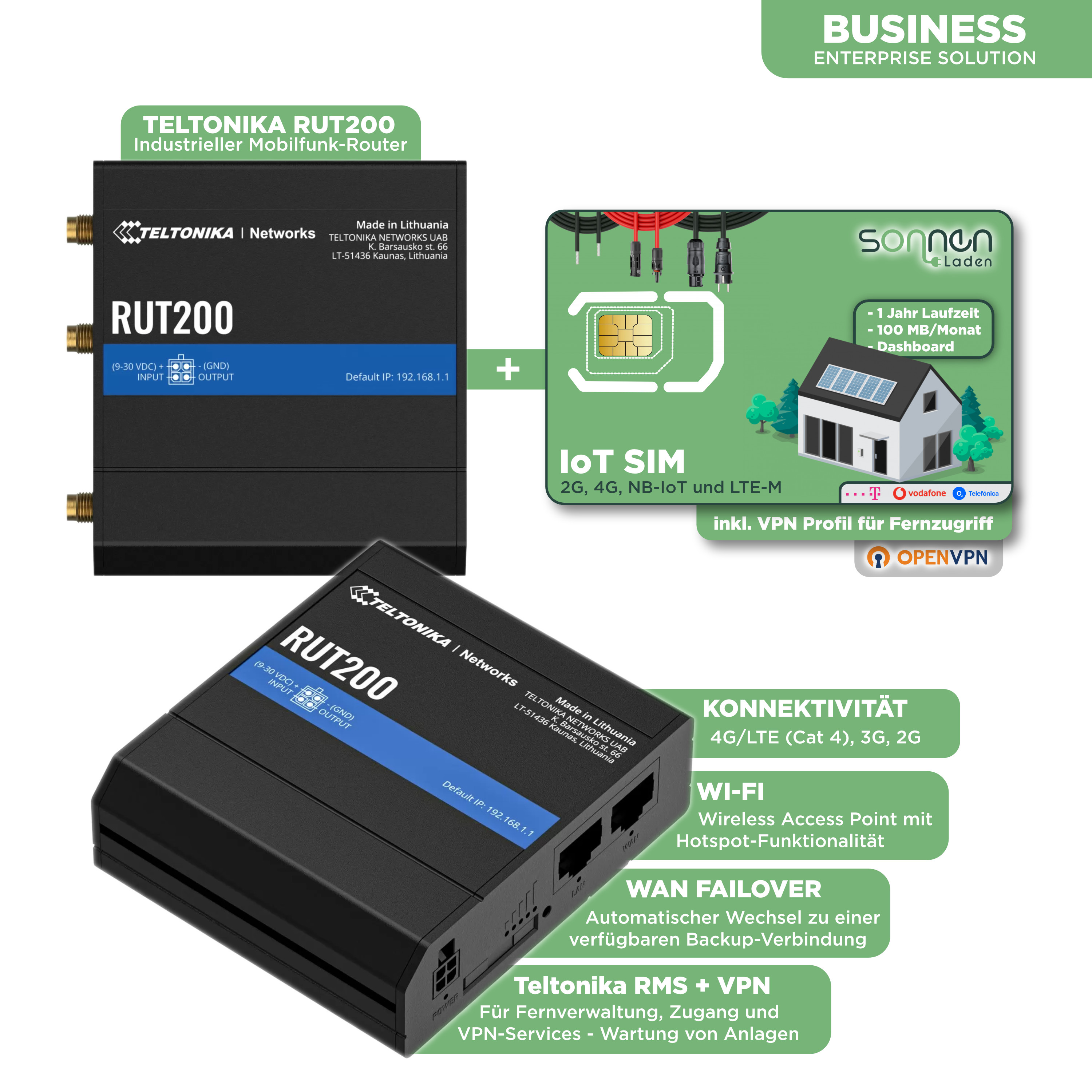 IoT Triple SIM-Karte inkl. RUT200 Router —  2G, 4G, NB-IoT und LTE-M für Enterprise Monitoring und Wartung von PV-Anlagen, Datenlogger uvm.