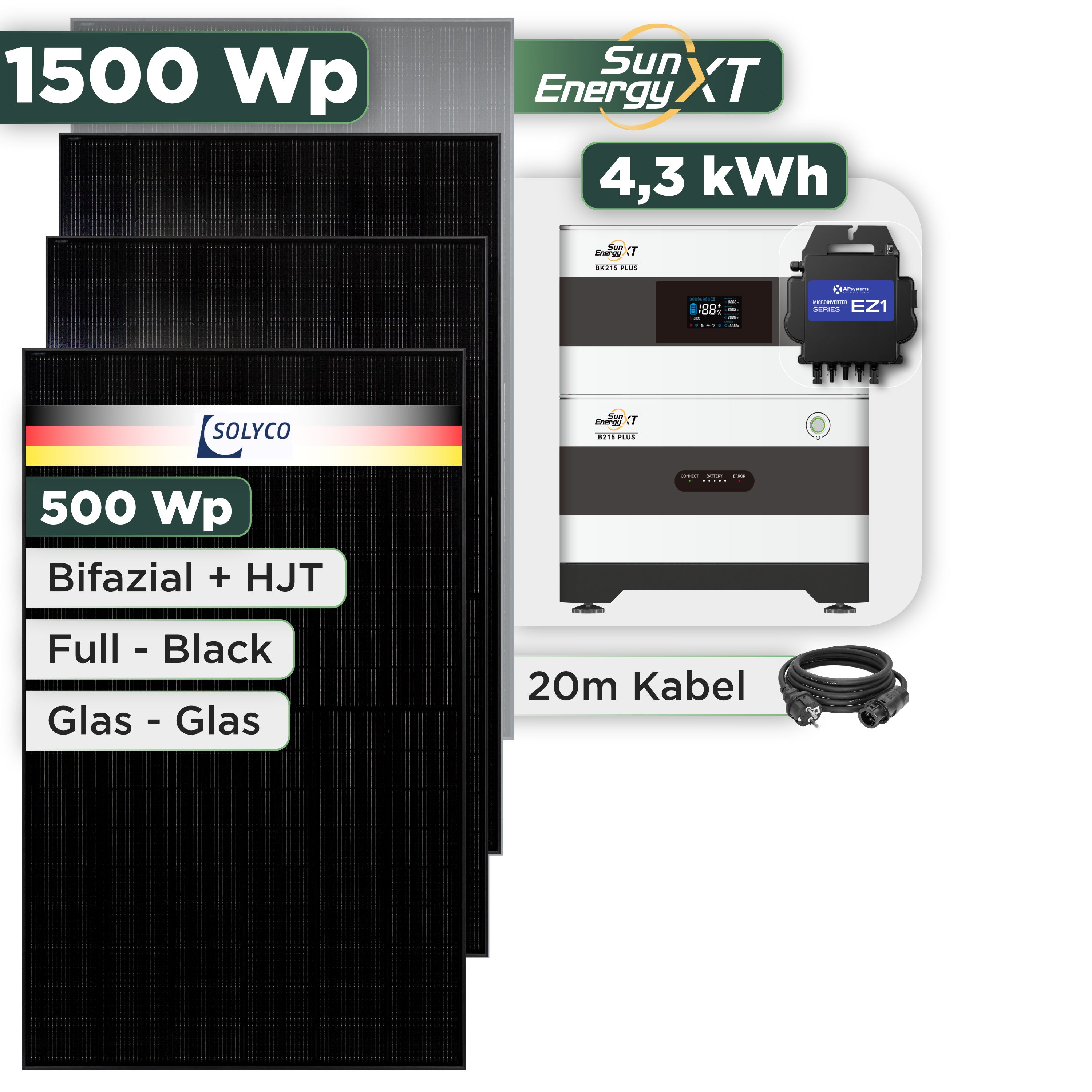 Balkonkraftwerk Set 1500 Wp — SunEnergyXT Plus / 4,3 kWh / Solyco 500 Wp Glas-Glas Fullblack-Modul Bifazial / 3 Module / APSystems EZ1-M (bis 800 W) / Schuko Stecker / 20 m