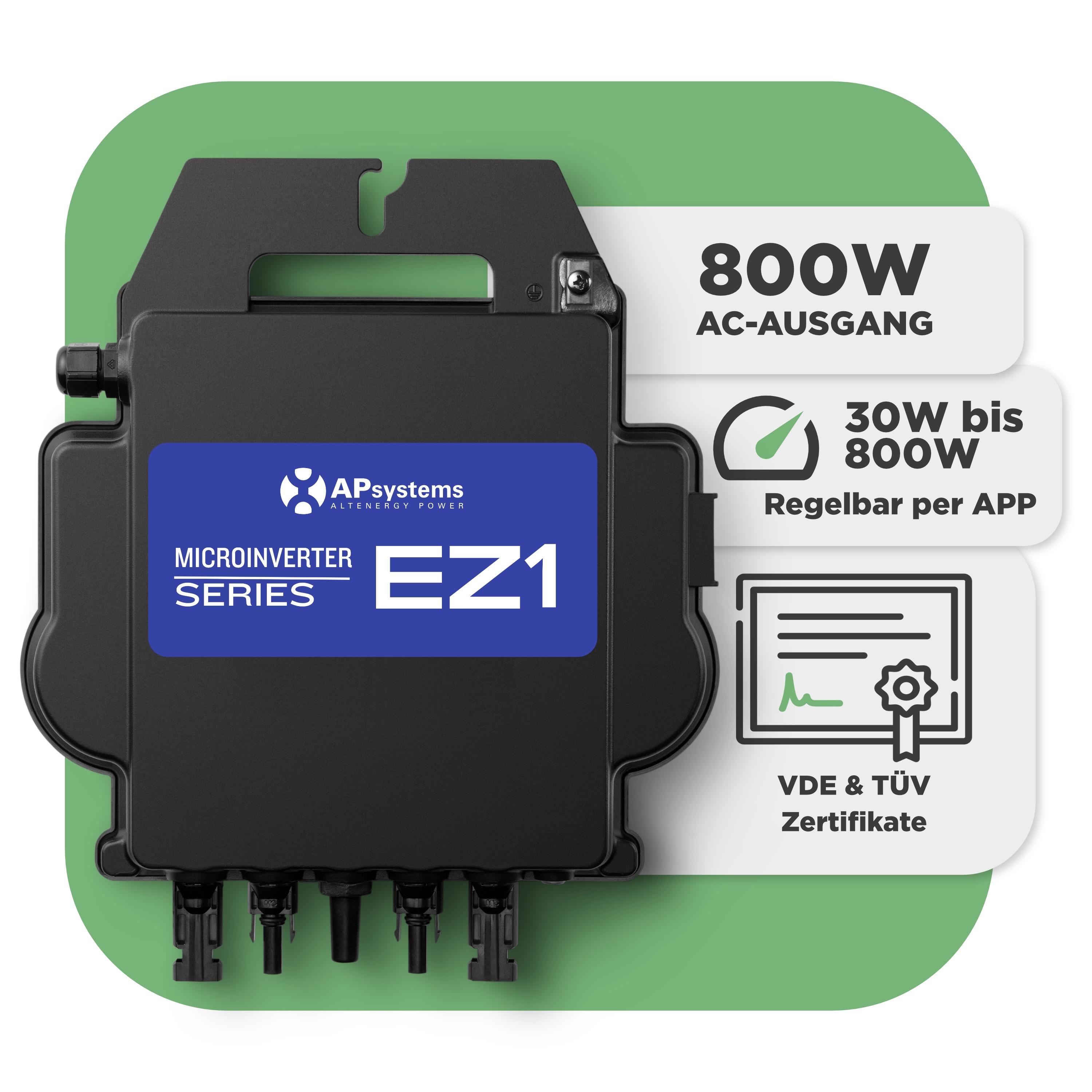 Balkonkraftwerk Basic Set 1000 Wp — Solyco 500 Wp Glas-Glas Fullblack-Modul Bifazial / 2 Module / APSystems EZ1-M (bis 800 W) / Wieland Stecker + Dose / 20 m