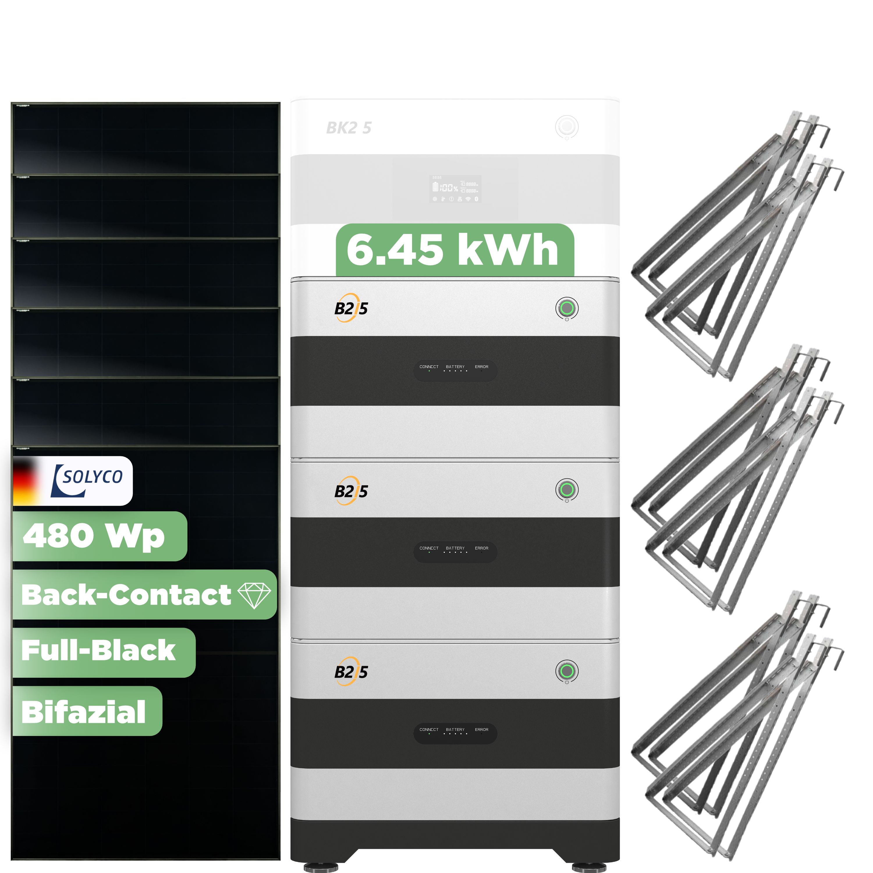 SunEnergyXT Erweiterungsset — 6.450 Wh / Solyco 480 Wp Glas-Glas Fullblack Back Contact Modul  / 6 Module / 6 x Universalhalterung