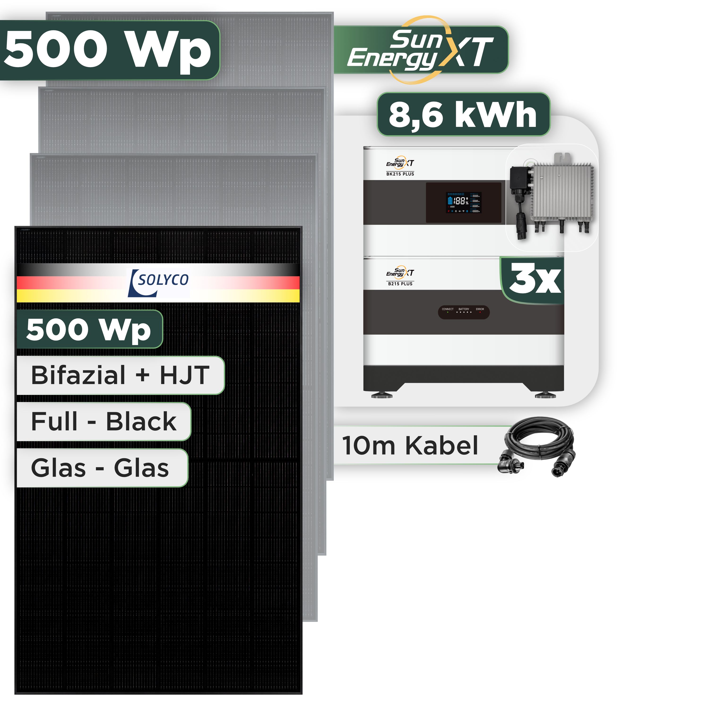 Balkonkraftwerk Set 500 Wp — SunEnergyXT Plus / 8,6 kWh / Solyco 500 Wp Glas-Glas Fullblack-Modul Bifazial / 1 Modul / Deye 800 W / Wieland Stecker / 10 m