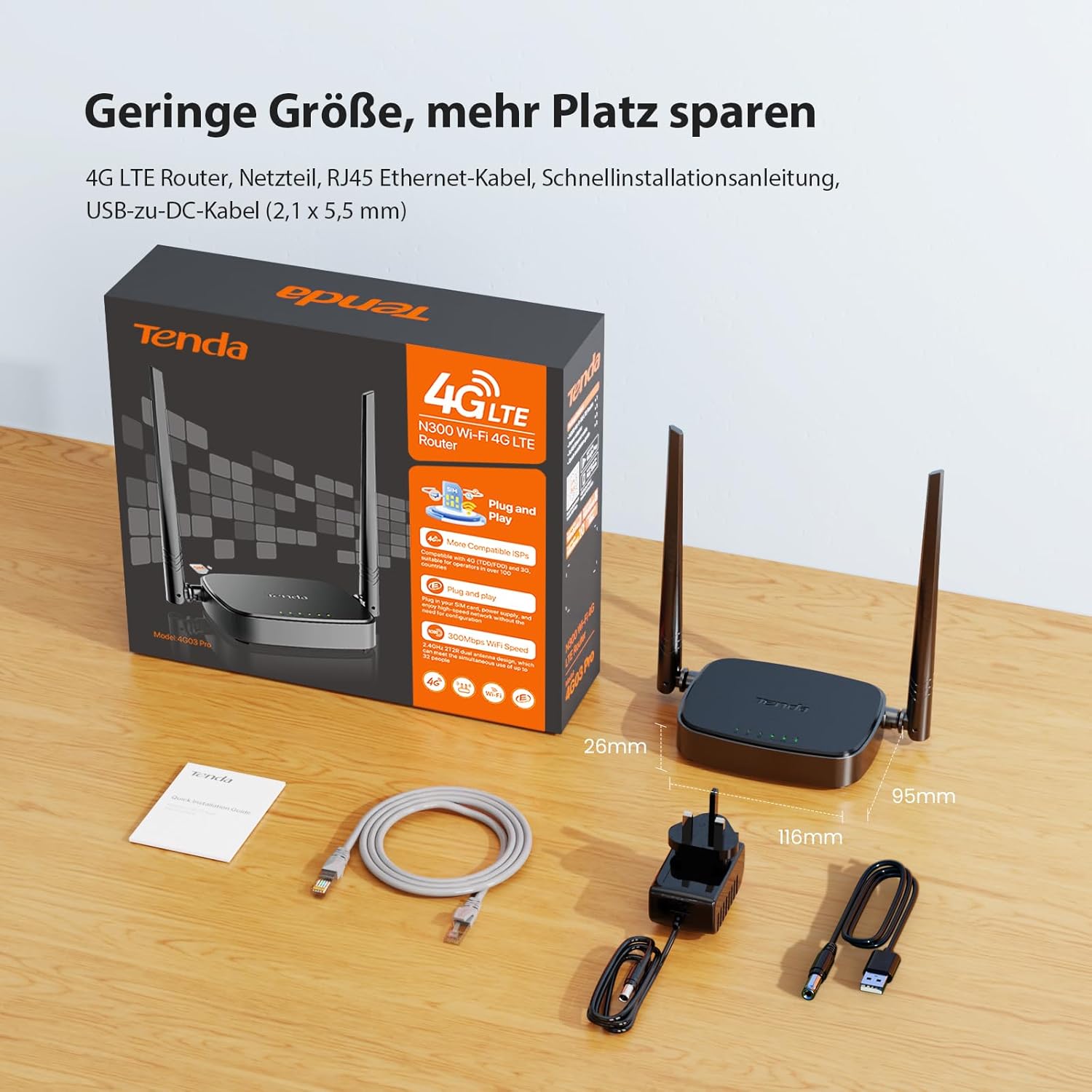 Tenda 4G03 Pro 4G LTE Router — WLAN Router für Nano-SIM-Karten (N300, 150 Mbit/s im Download, 300 Mbit/s 2,4 GHz)