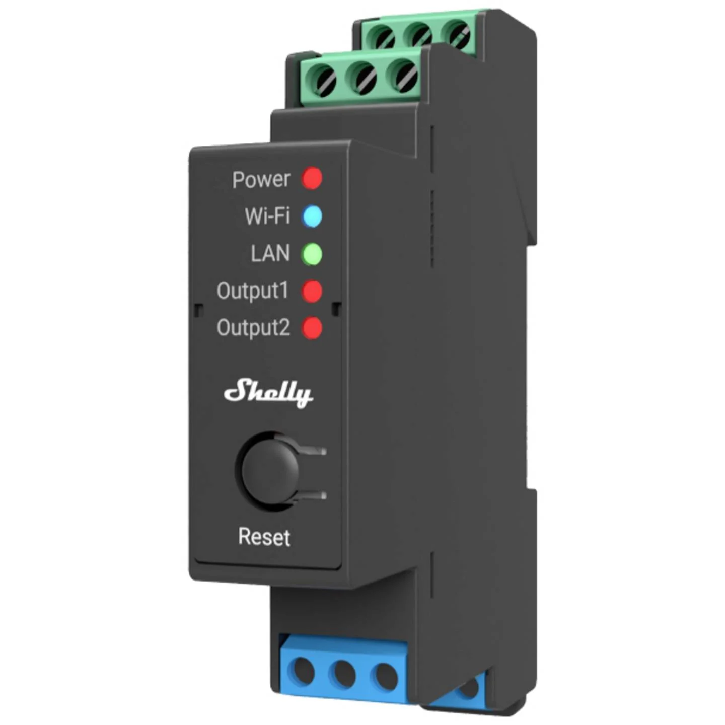 Shelly Pro 2 Relaisschalter — WLAN, Bluetooth, LAN, 2-Kanal, 2x 16A, max. 25A, Hutschiene