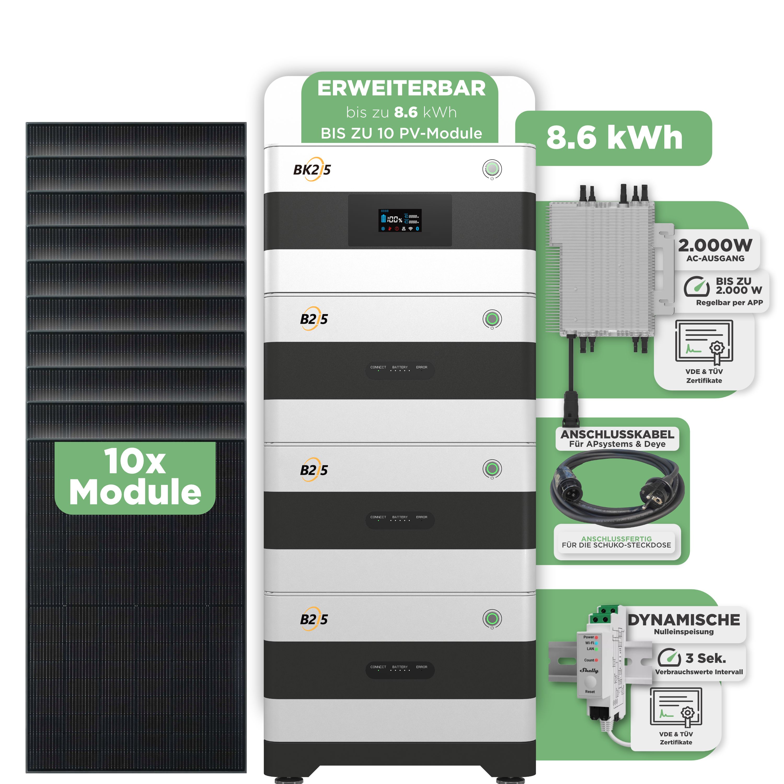 SunEnergyXT Balkonkraftwerkspeicher — 8.600 Wh / mit Shelly 3EM Pro / 2000 W (Deye-SUN-M) / 20 m Schuko Kabel / 10 x Trina 440 Wp Bifazial
