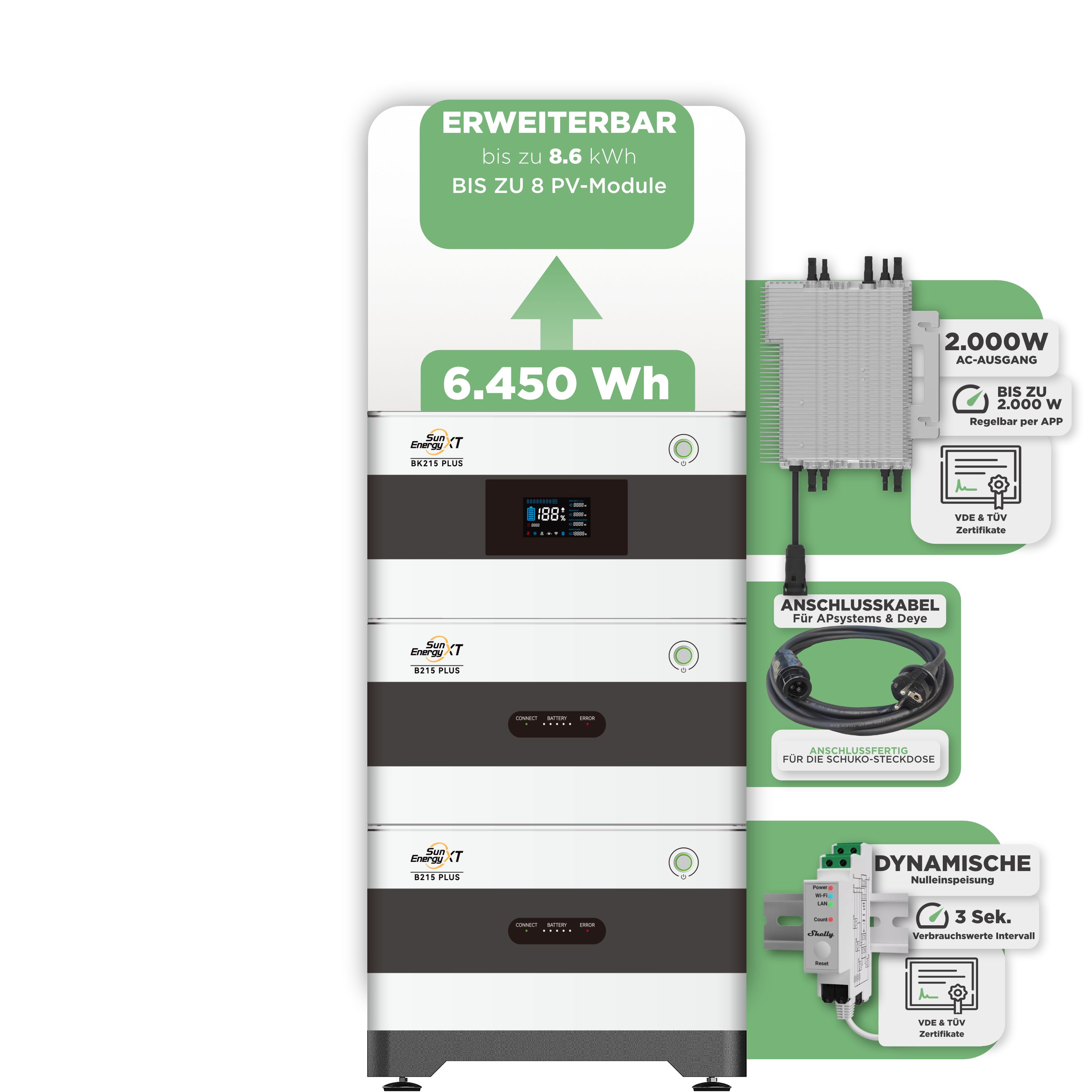 SunEnergyXT Balkonkraftwerkspeicher — 6.450 Wh / mit Shelly 3EM Pro / 2000 W (Deye-SUN-M) / 20 m Schuko Kabel