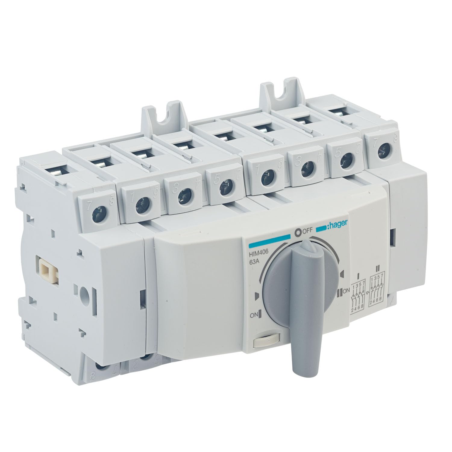 Hager HIM406 Lastumschalter für Notstrom — 3-polig + N, 63A, für Montage auf Hutschiene oder Montageplatte