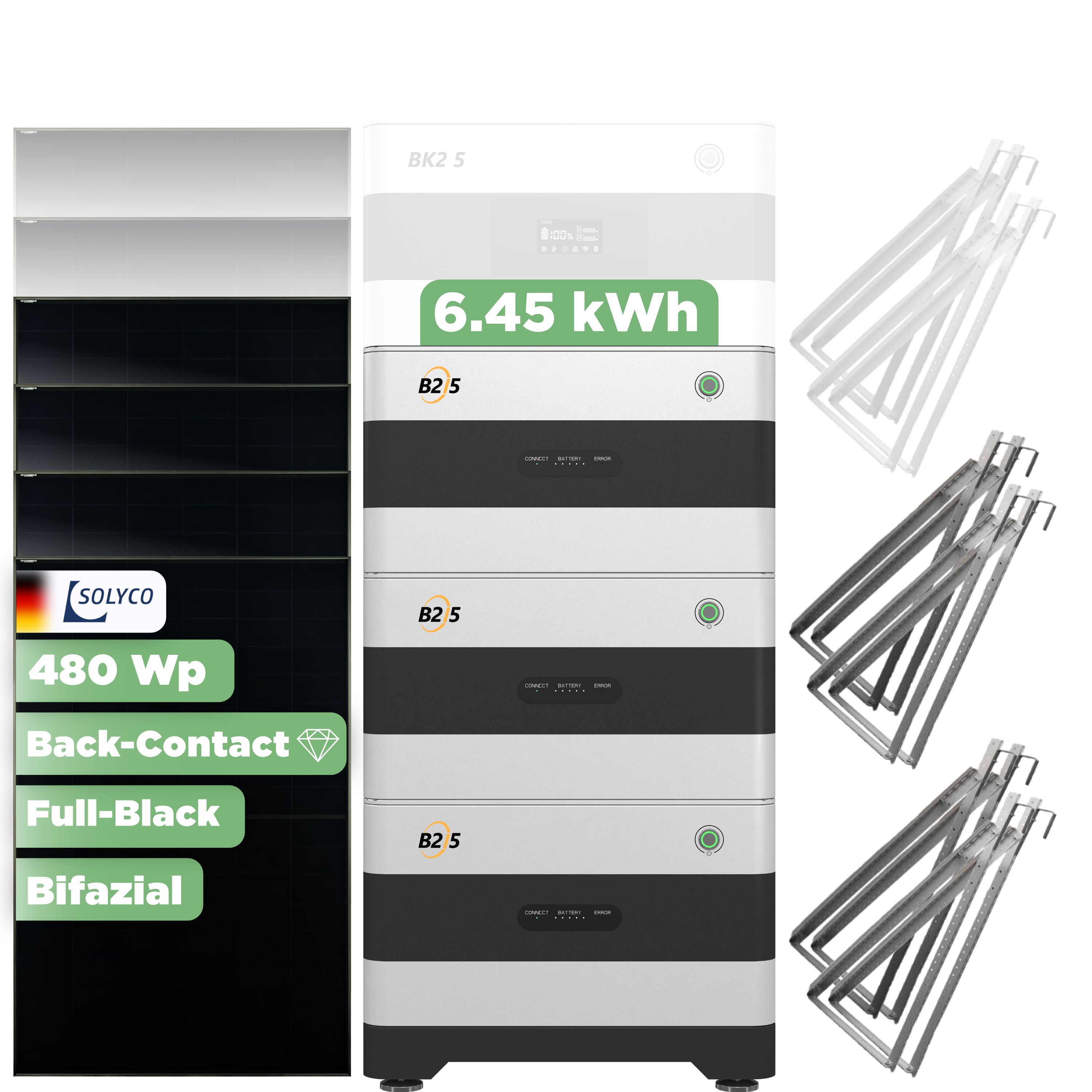 SunEnergyXT Erweiterungsset — 6.450 Wh / Solyco 480 Wp Glas-Glas Fullblack Back Contact Modul  / 4 Module / 4 x Universalhalterung
