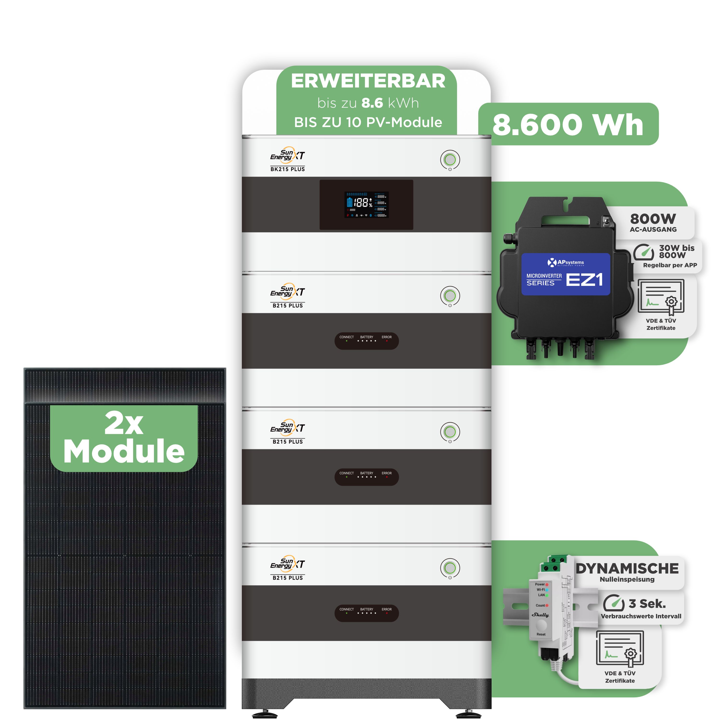 SunEnergyXT Balkonkraftwerkspeicher — 8.600 Wh / mit Shelly 3EM Pro / 800 W (Apsystems EZ1-M) / 2 x Trina 440 Wp Bifazial