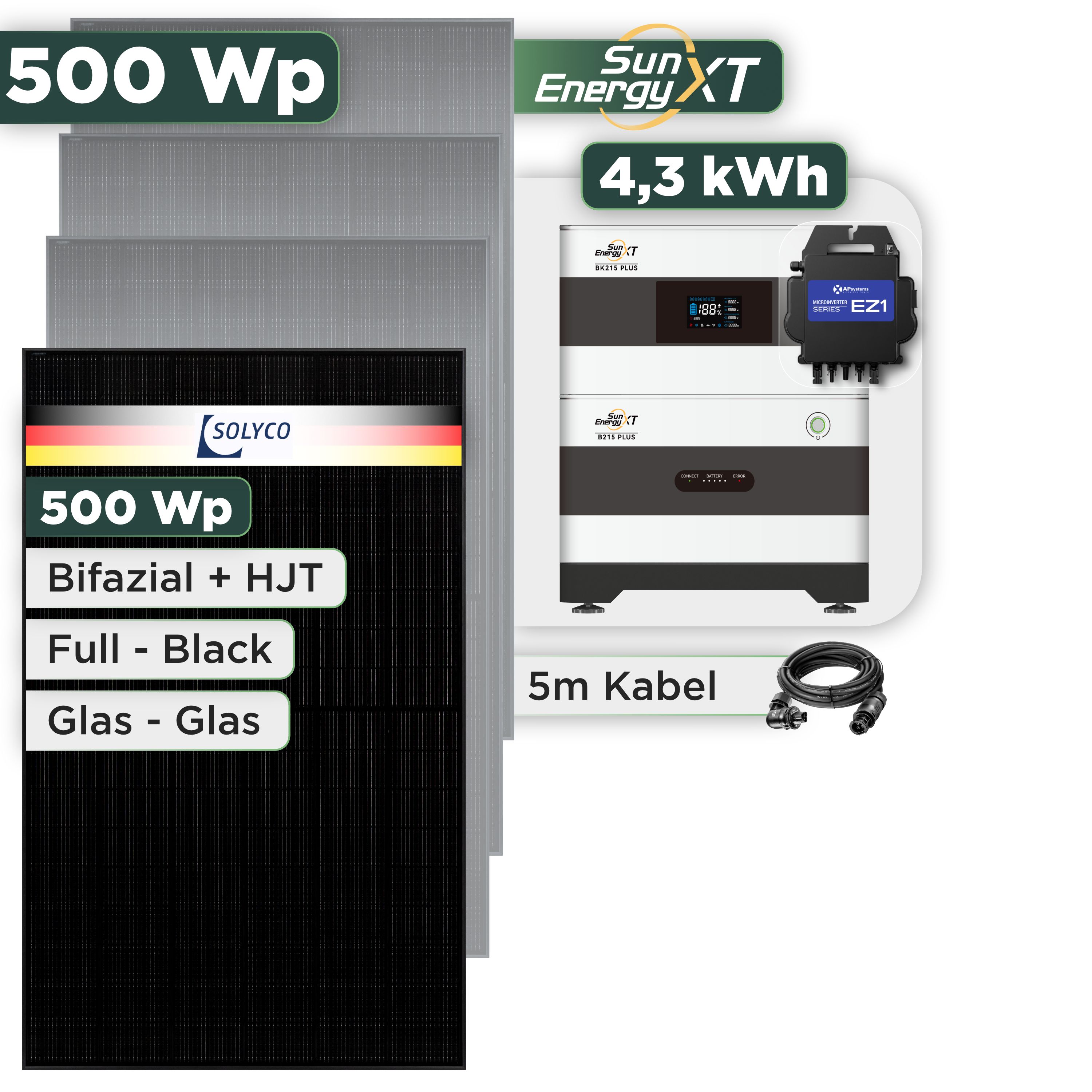 Balkonkraftwerk Set 500 Wp — SunEnergyXT Plus / 4,3 kWh / Solyco 500 Wp Glas-Glas Fullblack-Modul Bifazial / 1 Modul / APSystems EZ1-M (bis 800 W) / Wieland Stecker / 5 m