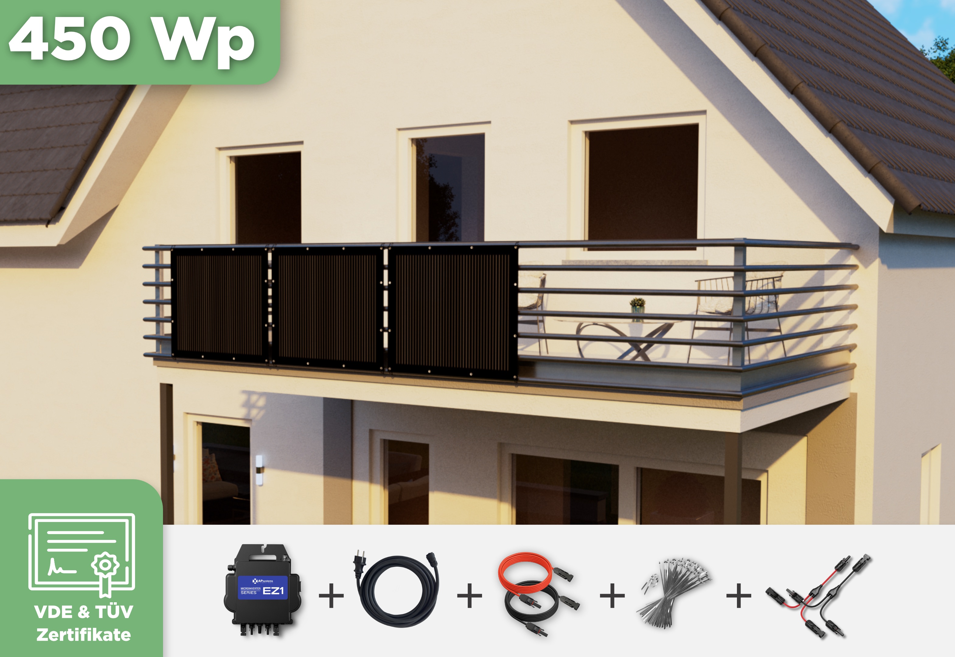 Balkonkraftwerk mit Ultraleicht-Modulen 450 Wp — APsystems EZ1-M 800 W / Sunman / 150 Wp (89 cm x 102 cm) / 3 Module / 10 m