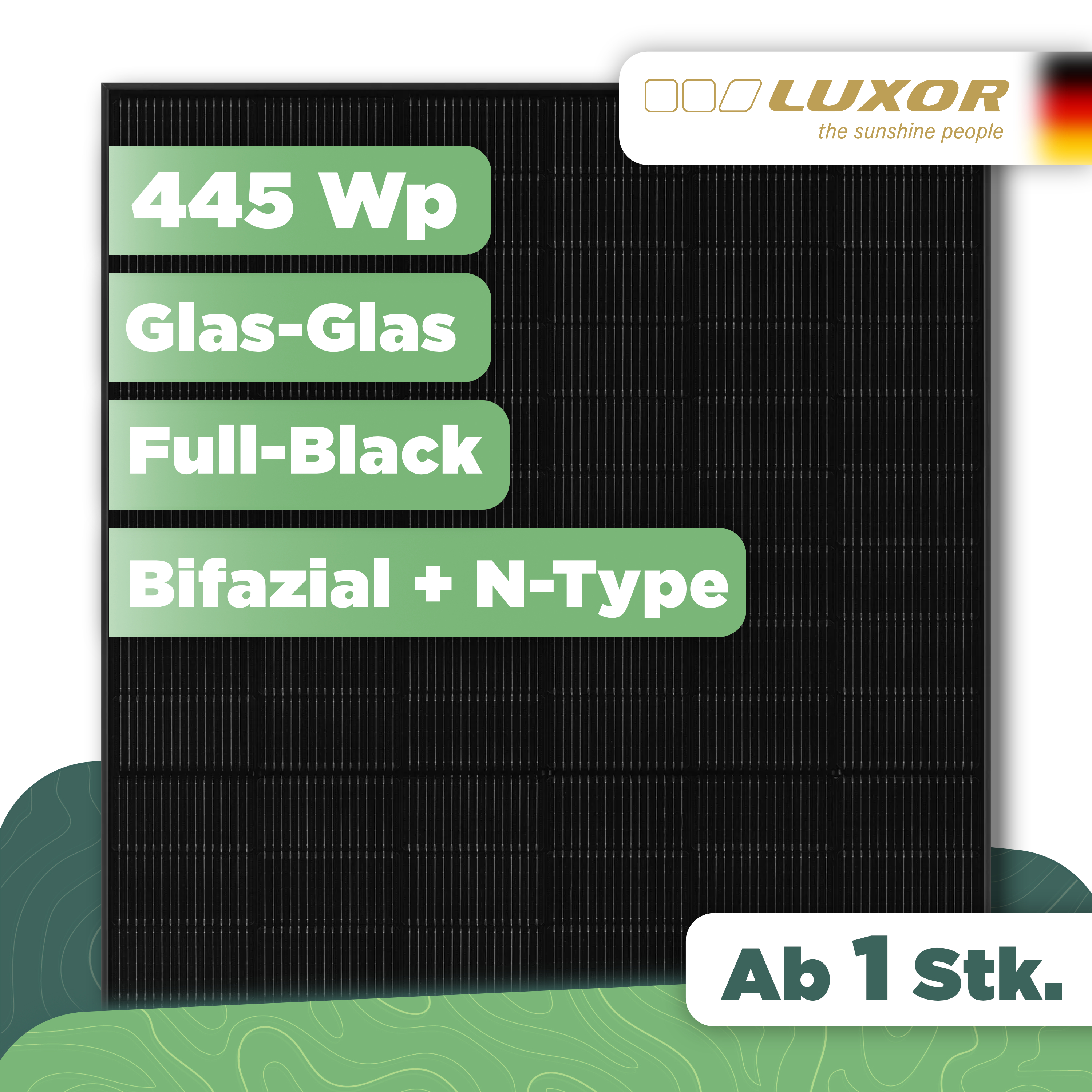 ECO LINE N-TYPE TOPCON GLAS-GLAS BIFACIAL M108/445W — Glas-Glas, bifazial, Full Black, MC4-EVO2 - 1 Stk (Einzelmodul)