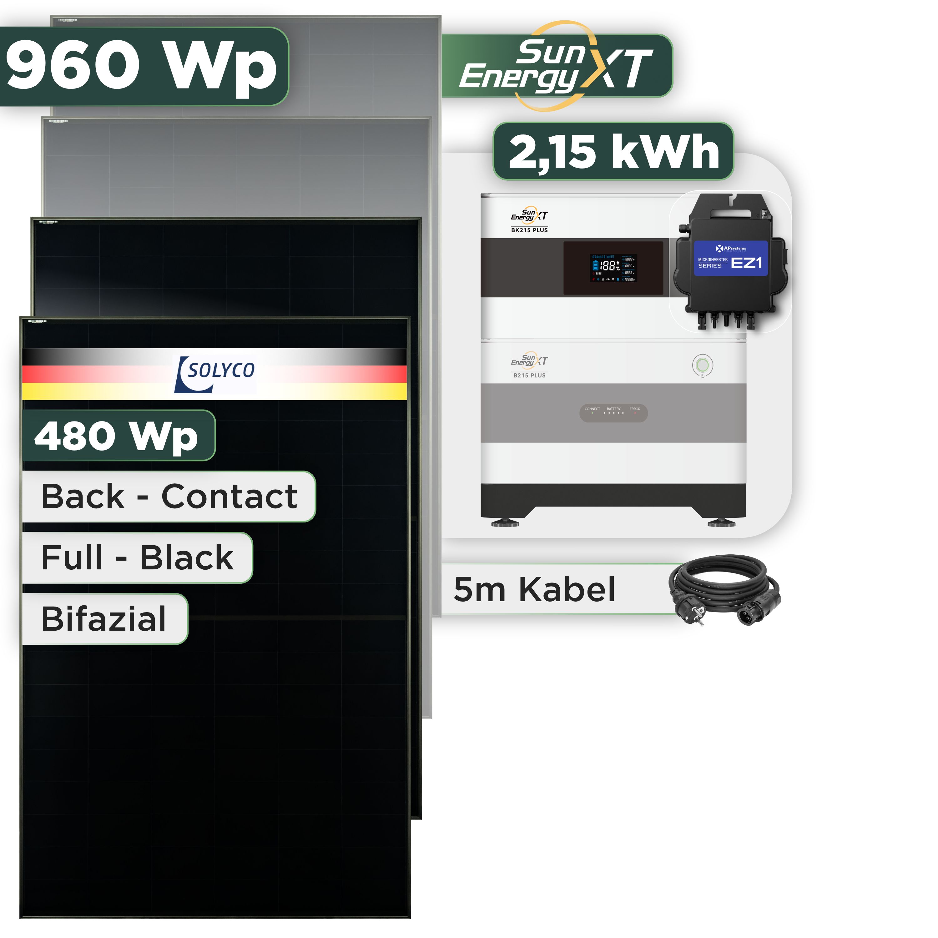 Balkonkraftwerk Set 960 Wp — SunEnergyXT Plus / 2,15 kWh / Solyco 480 Wp Glas-Glas Fullblack Back Contact Modul  / 2 Module / APSystems EZ1-M (bis 800 W) / Schuko Stecker / 5 m