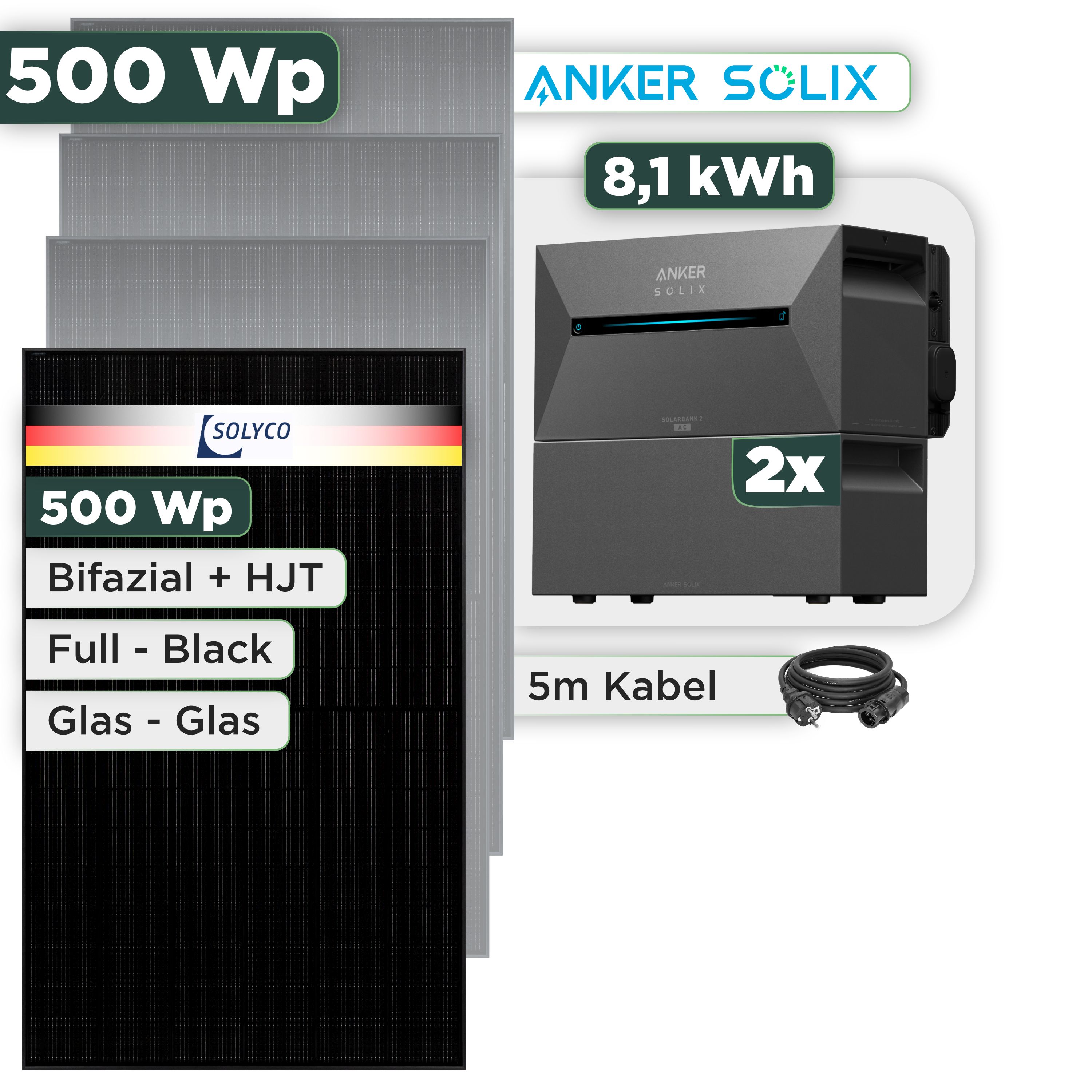 Balkonkraftwerk Set 500 Wp — Anker Solarbank 3 Pro / 8,1 kWh / Solyco 500 Wp Glas-Glas Fullblack-Modul Bifazial / 1 Modul / Schuko Stecker / 3 m