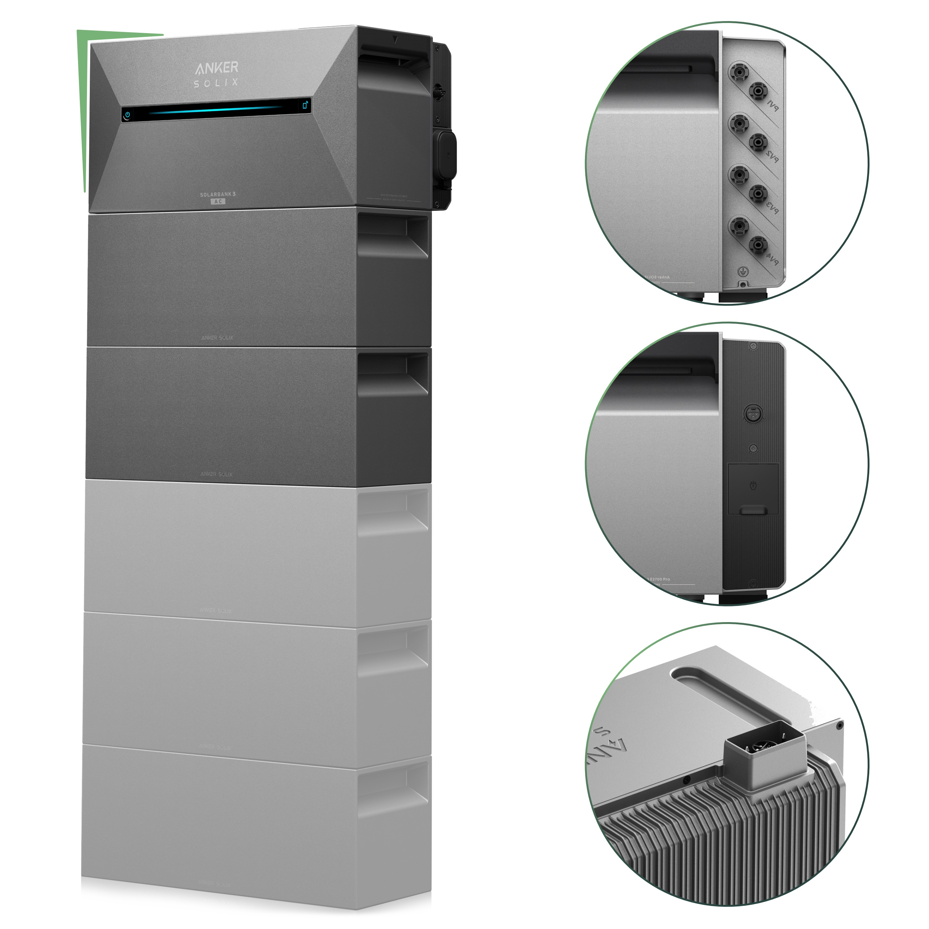 Balkonkraftwerk Set 2000 Wp — Anker Solarbank 3 Pro / 8,1 kWh / Solyco 500 Wp Glas-Glas Fullblack-Modul Bifazial / 4 Module / Schuko Stecker / 3 m