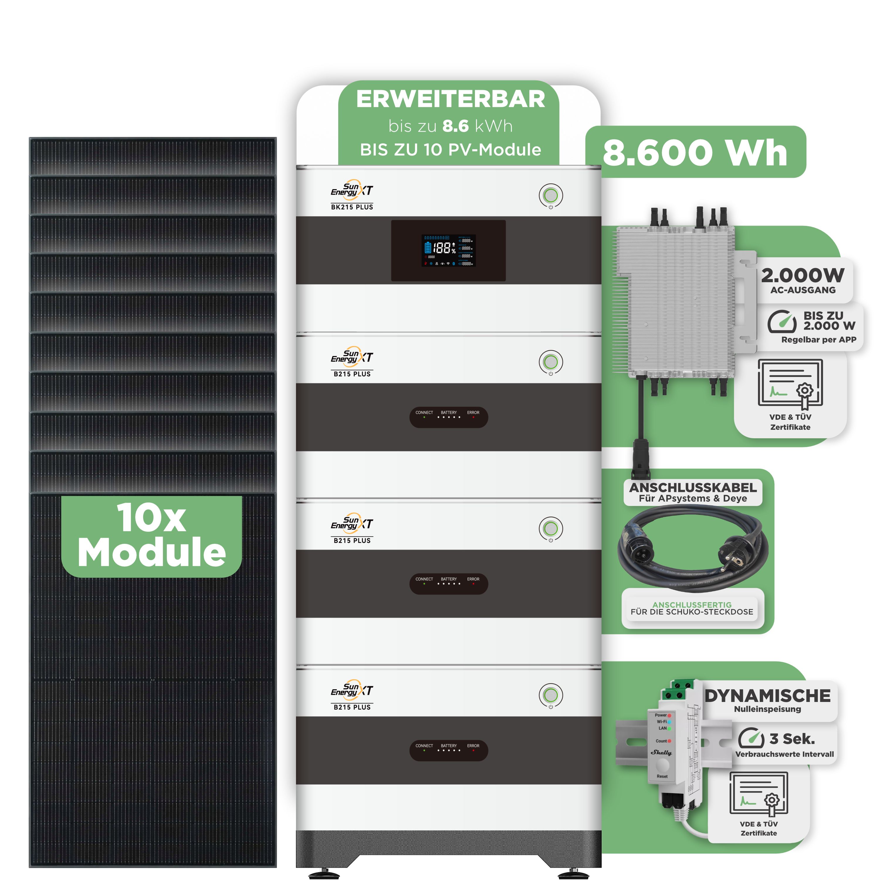 SunEnergyXT BK215 Plus Balkonkraftwerkspeicher — 8.600 Wh / mit Shelly 3EM Pro / 2000 W (Deye-SUN-M) / 5 m Schuko Kabel / 10 x Trina 440 Wp Bifazial