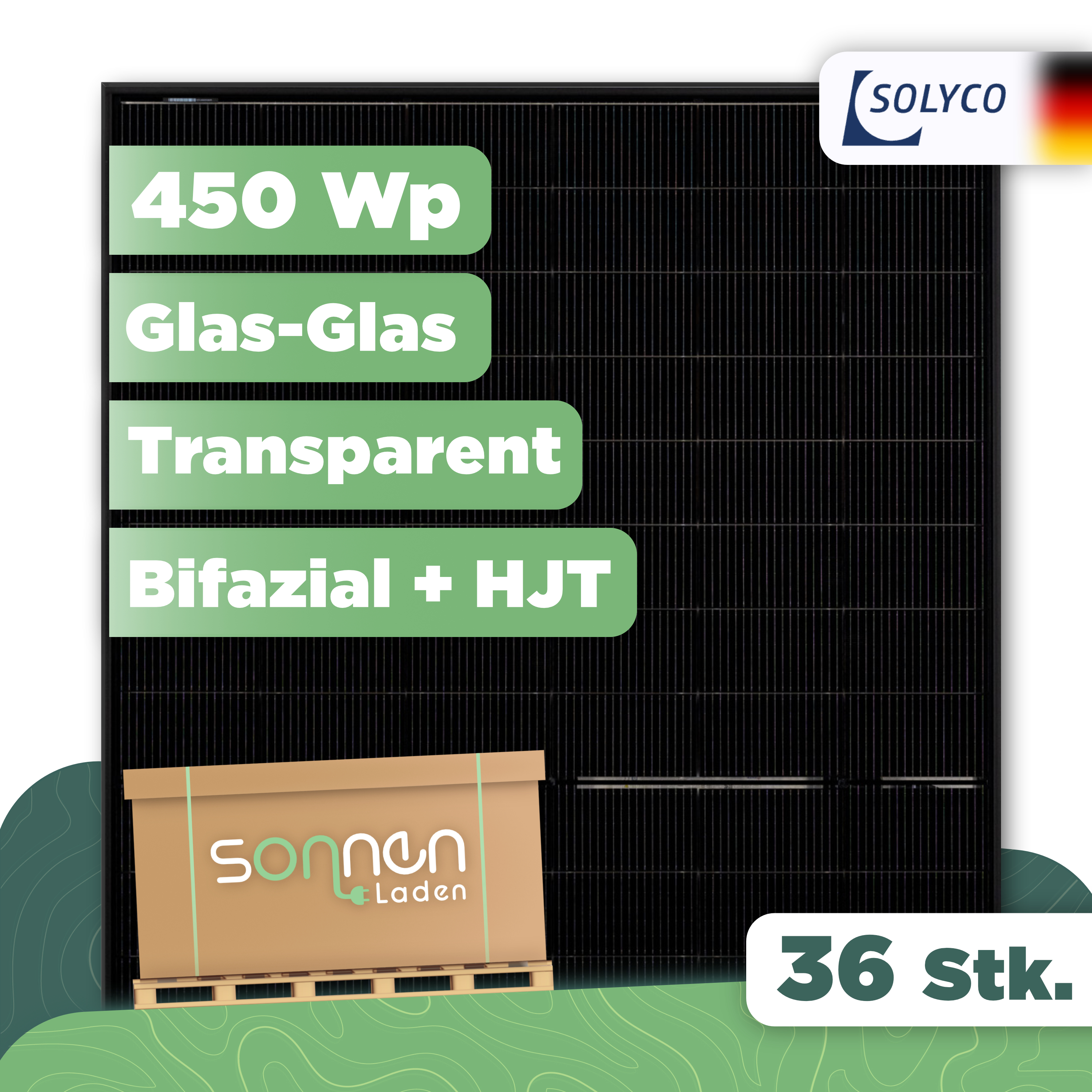 Solyco Pro R-TG 96h.5 / 450 — 450 Wp Glas-Glas PV-Modul bifazial - 36 Stk (Palette)