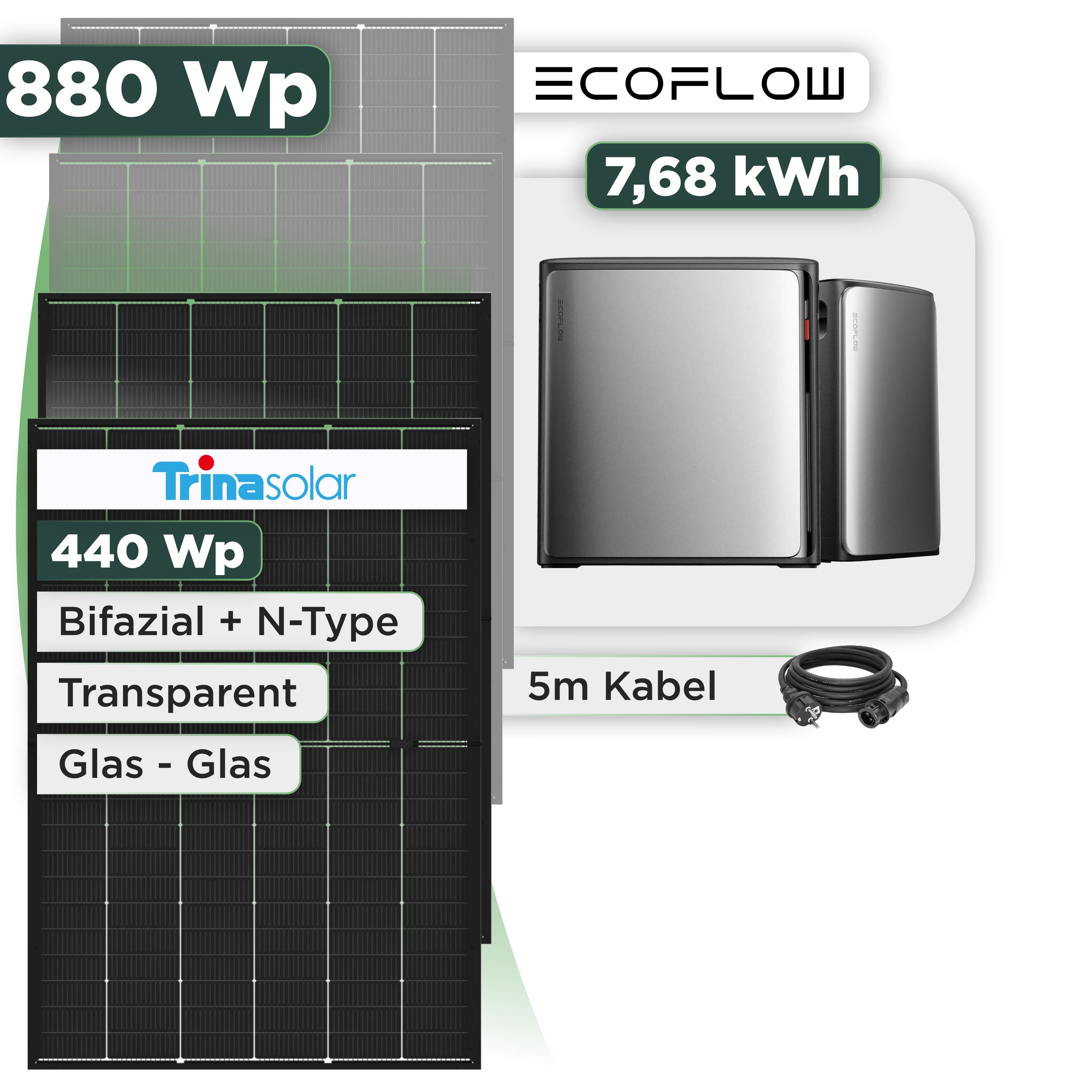 Balkonkraftwerk Set 880 Wp — Ecoflow Stream Ultra X / 7,68 kWh / Trina 440 Wp Glas-Glas Bifazial Modul / 2 Module / Schuko Stecker / 1,5 m