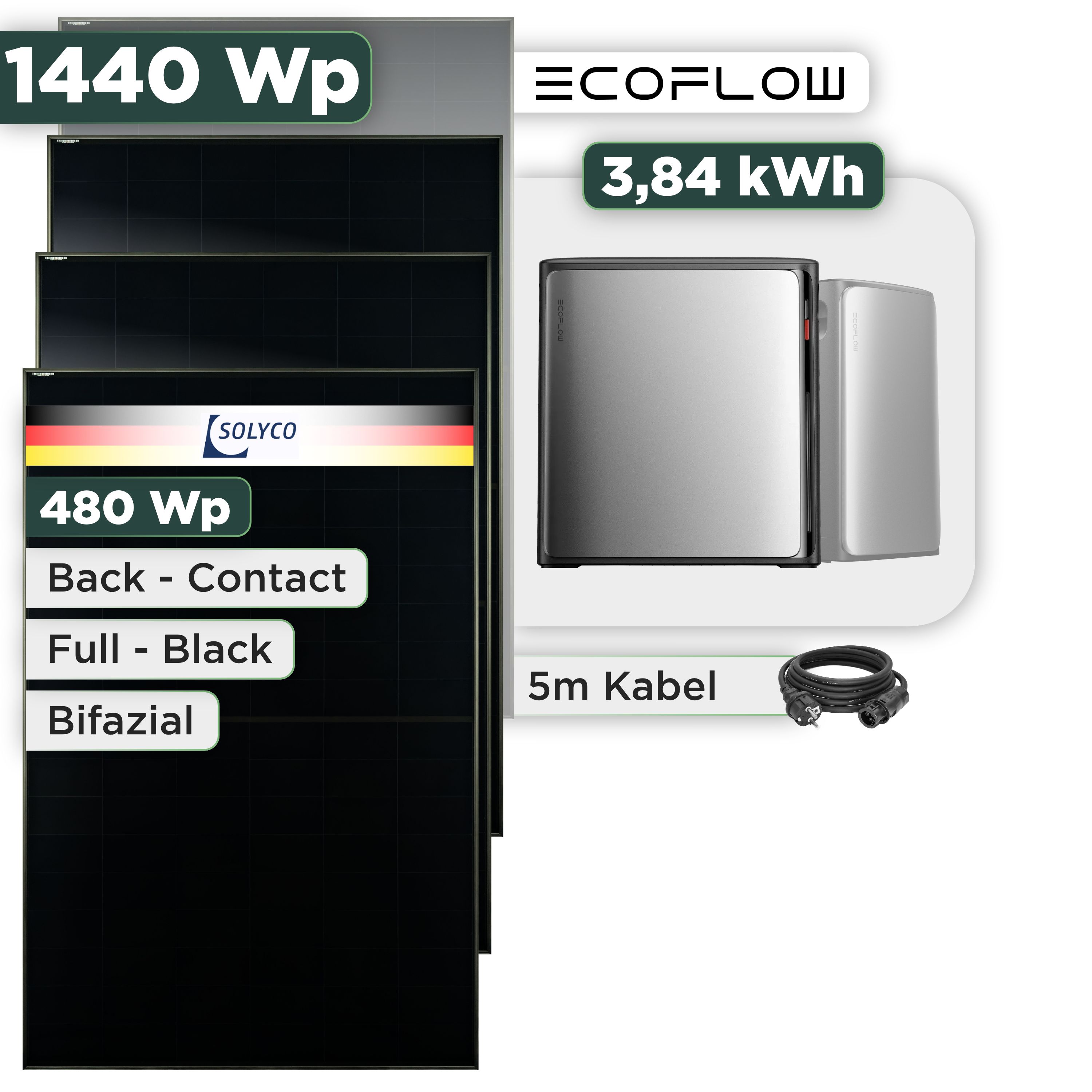 Balkonkraftwerk Set 1440 Wp — Ecoflow Stream Ultra X / 3,84 kWh / Solyco 480 Wp Glas-Glas Fullblack Back Contact Modul  / 3 Module / Schuko Stecker / 1,5 m