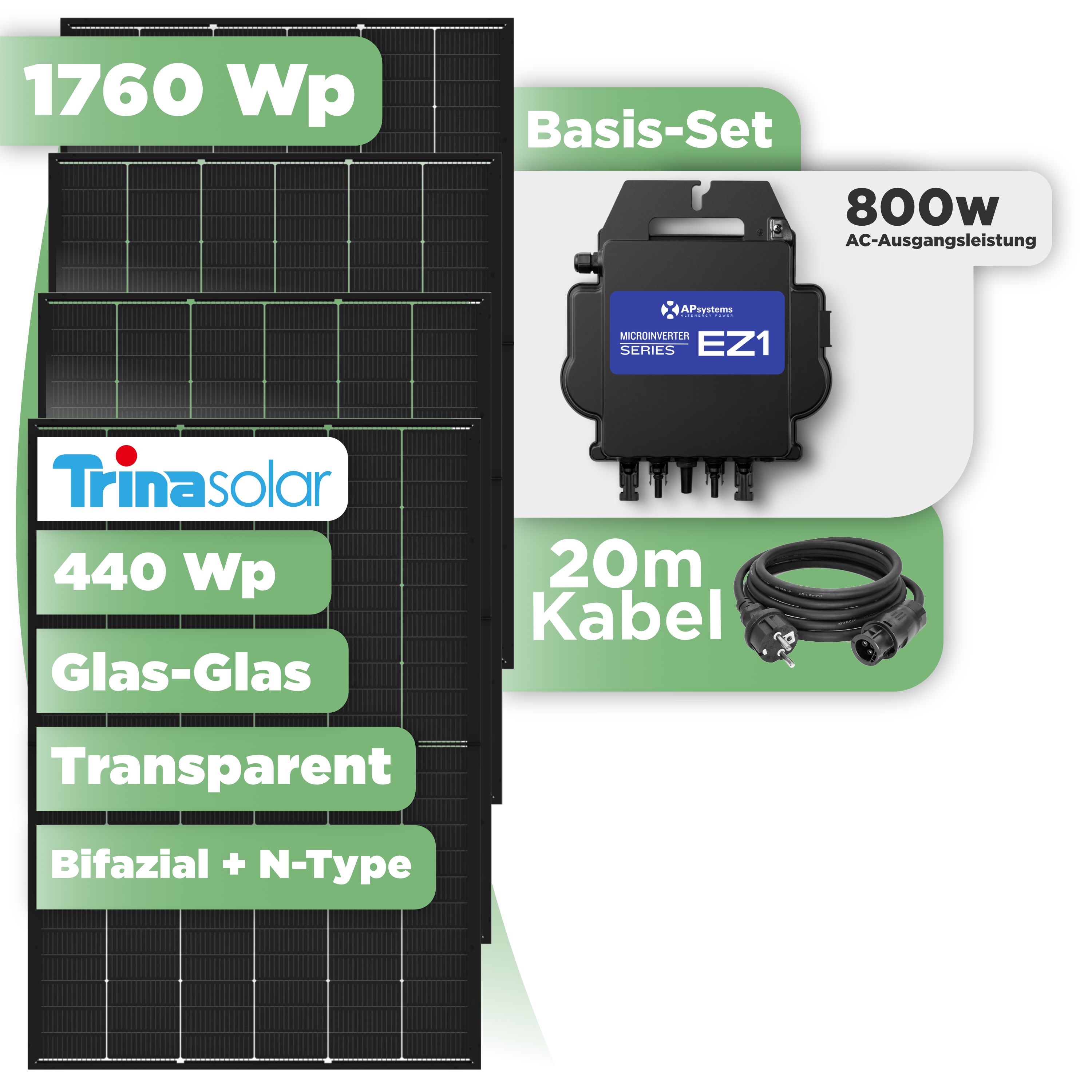 Balkonkraftwerk Basic Set 1760 Wp — Trina 440 Wp Glas-Glas Bifazial Modul / 4 Module / APSystems EZ1-M (bis 800 W) / Schuko Stecker / 20 m